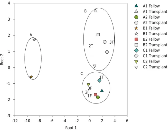Figure 5.  Two-dimensional scatter plot of the first and second discriminant functions from stepwise  Discriminant Function Analysis (DFA) using P forms in suspended sediment collected upstream  and downstream in the Sub-basins A, B, and C, and during risi