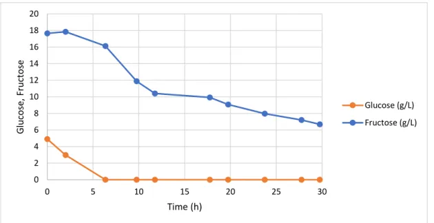 Figure 9: Sugar concentration profile during the batch cultivation of Enterobacter A47 using the apple pomace  soluble fraction as sole substrate