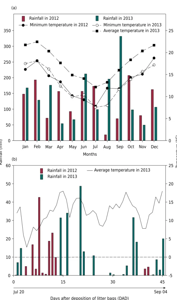 Figure 1. Monthly average rainfall and monthly average and minimum temperature in 2013 (a); 
