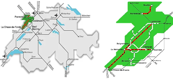 Figura 1. Mapas da rede ferroviária da Chemins de Fer du Jura  (Chemins de Fer du Jura, 2014.) 