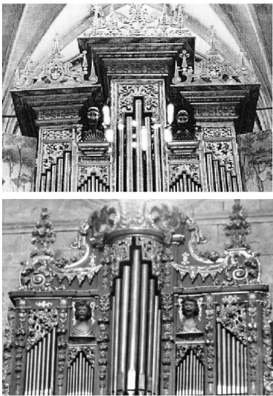 Fig. 15 – Têtes articulées ornant la façade des orgues De la Viña de la cathédrale de Salamanque (épître,  1702), en haut, et de la collégiale de Toro (c
