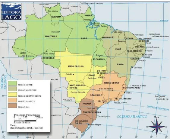 Figura  II.1  –  Mapa  da  RF  do  Brasil  ilustrando  a  divisão  em  regiões  e  unidades  federativas  (extraído de IBGE, 2001)