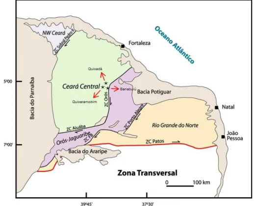 Figura  II.7  –  Domínios  Geotectónicos  da  parte  setentrional  da  Província  Borborema  (PB),  incluindo o Domínio Orós –Jaguaribe (DOJ), mostrando a localização dos três maciços graníticos  (estrelas, junto à Zona de Cisalhamento de Orós), segundo Ar