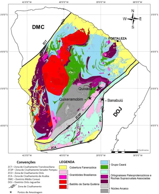 Figura  II.8 –  Mapa  geológico  do  Domínio  Ceará  Central,  representando  os  locais  de  recolha  de  amostras (estrelas), adaptado do Mapa Geológico do Ceará de Cavalcante et al