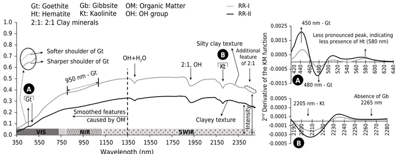 Figure 8. Soil spectra and diagrams of the second derivative from Kubelka-Munk (KM) of Neossolos Regolíticos (RR) in the watersheds  of Estanislau Creek and Jardim Stream, Distrito Federal, Brazil