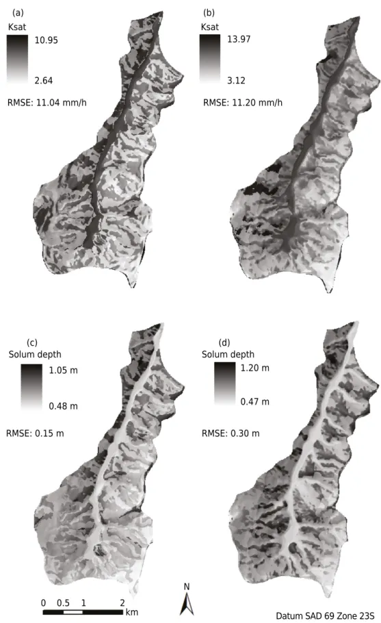 Figure 3. Saturated hydraulic conductivity (Ksat) determined by the GEOM method (a), Ksat  determined by the AT method (b), solum depth (PROF) determined by the GEOM method (c) and  PROF determined by the TA method (d) in the Posses watershed, Extrema, MG.