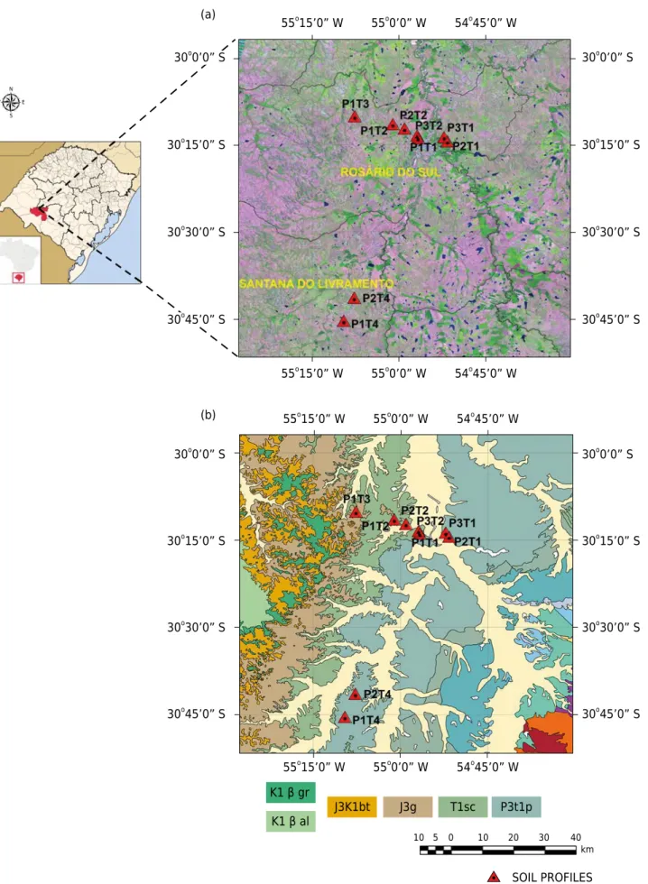 Figure 1.  (a) Image chart with the geographical location of the study area and soil profiles - Municipality of Rosário do Sul and  Santana do Livramento, RS (Image Landsat 5 Thematic Mapper - Composition 5R4G3B / Datum SAD69 - Scale indicated)