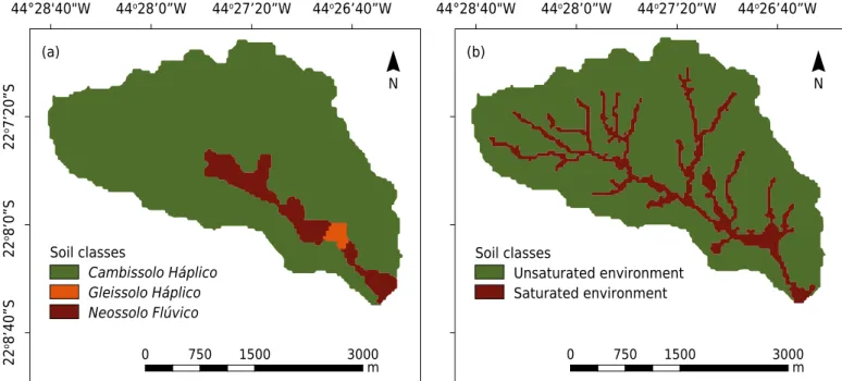 Figure 2. (a) Soil map generated by Menezes et al. (2009) and (b) zone map obtained from the HAND model, for the Lavrinha Creek Watershed.