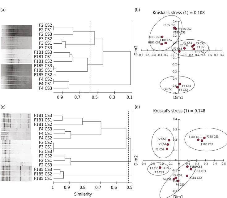 Figure 1.  Clustering and MDS ordination data of the 16S rDNA (a and b) and the 18S rDNA (c and d) DGGE banding profiles from soil  samples under ecological (F1B1, F1B5), intermediate (F2, F3), and conventional (F4) land management systems