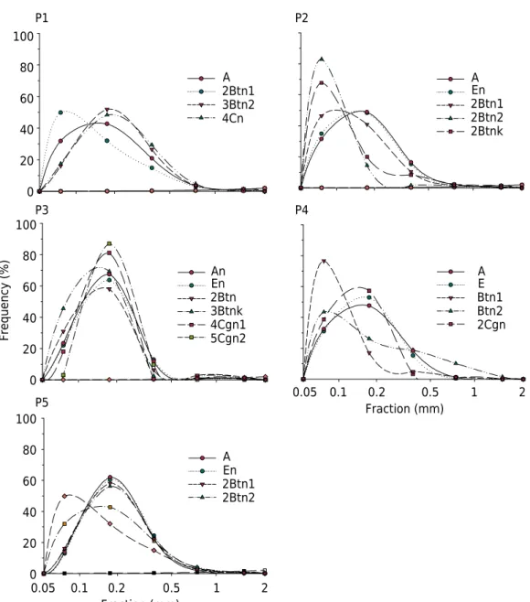 Figure 4.  Relative distribution of the sand fractions (very fine, fine, medium, coarse, and very  coarse) of each horizon in the profiles.