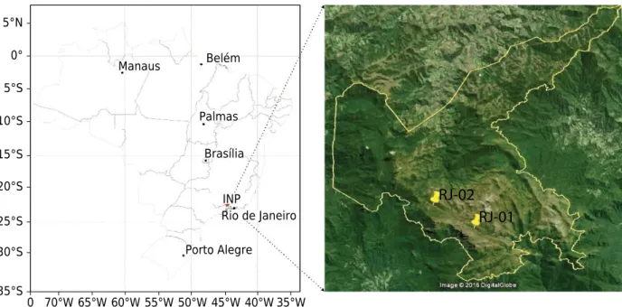 Figure 1.  Profile locations within the landscape of Itatiaia National Park (INP), Rio de Janeiro, Brazil (RJ-01: 23 K 0533769 7524084  (WGS 84), elevation: 2100 m, and RJ-02: 23 K 0530905 7525596 (WGS 84), elevation: 2400 m).