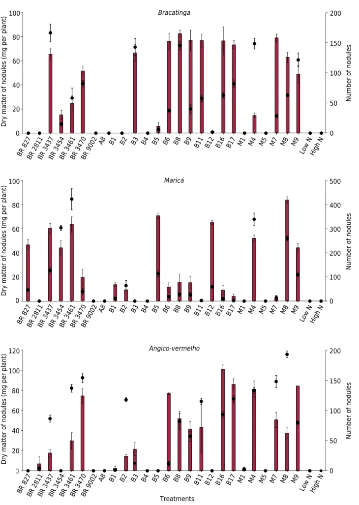 Figure 2.  Dry matter (magenta bars) and number of nodules (black circles) from seedlings of  bracatinga,  maricá and angico-vermelho  inoculated with rhizobia indigenous to coal mining areas or with the recommended strains of reference