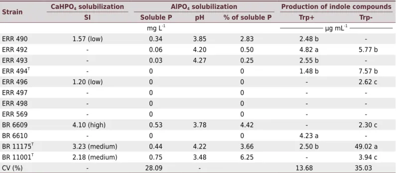 Table 5.  Phosphate solubilization and production of indole compounds by  Bradyrhizobium ingae  strains