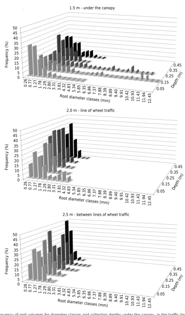 Figure 3. Frequency of root volumes for diameter classes and collection depths under the canopy, in the traffic line of the wheel  sets, and in the portion between wheel sets of an orchard of ‘Maciel’ peach grafted onto ‘Okinawa’.
