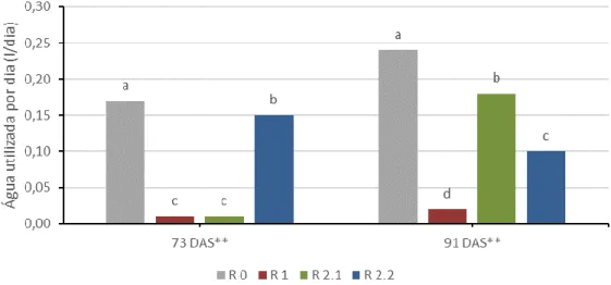 Figura 4.20. Interação entre os tratamentos de défice hídrico (R 0, R 1, R 2.1 e R 2.2) e duas medições (73 e  91 DAS) no valor médio da água utilizada por dia