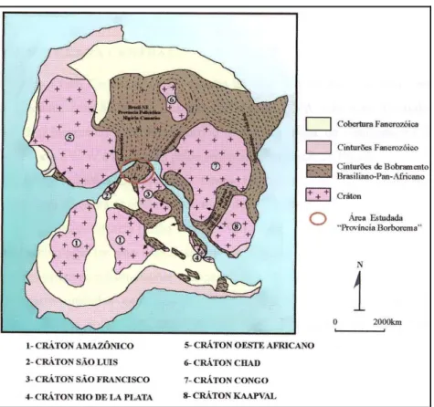 Figura II.6 – Mapa geotectónico esquemático da parte ocidental do supercontinente Gondwana  no final do ciclo Brasiliano (adaptada de Trompette, 1994)