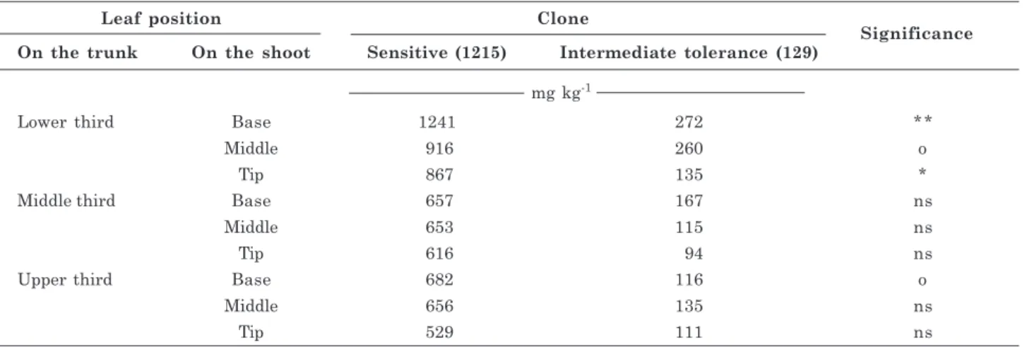 Table 5. Leaf Mn contents in eucalyptus plants (clone with intermediate tolerance, 129, and sensitive clone, 1215, to ESBVRD)  in plantations in an area of Neossolo Flúvico (Fluvisol), sampled in the month of February, the initial phase of the anomaly, to 
