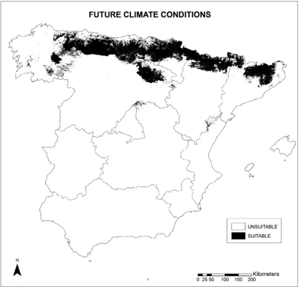 Figure  2 shows the suitable areas for Spanish beech forests  under current conditions occupying an extension of 46,861.15 km 2 