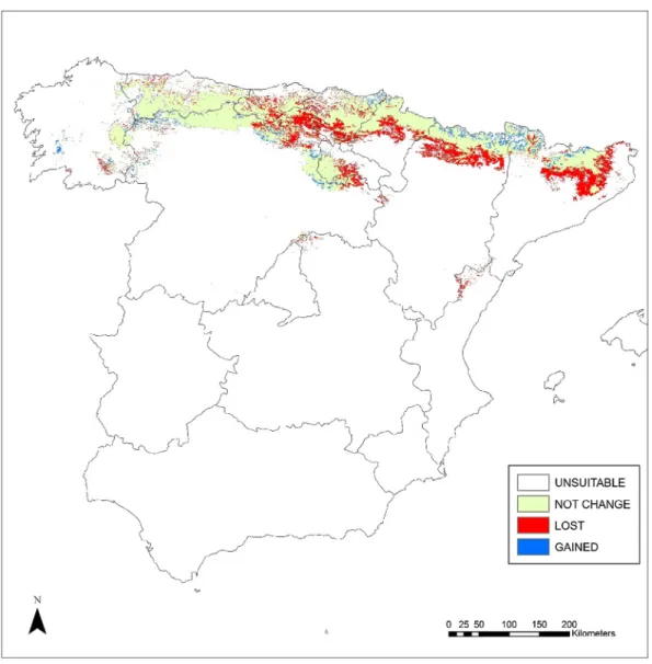 Figure 4. loss, maintenance and gain in suitable areas for Fagus sylvatica forests for the 2050 period