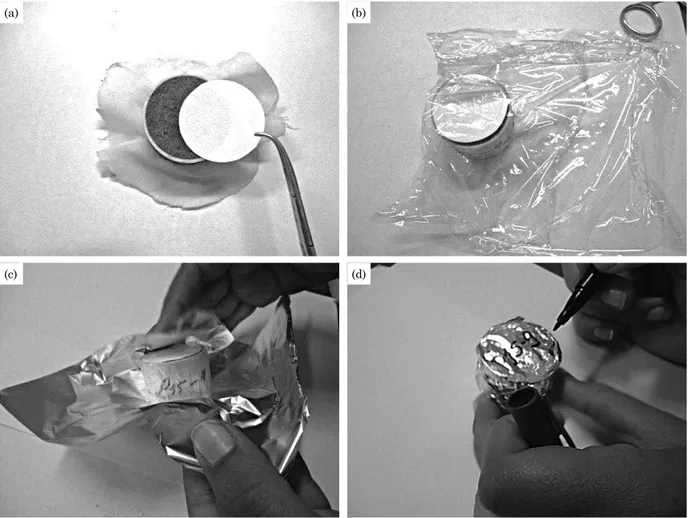 Figure 2. Steps in the sample preparation by the filter paper method: filter paper placed in contact with  the surface of the soil sample (a); wrapping the sample in plastic film (b); wrapping in aluminium  foil (c); and identifying the sample (d).