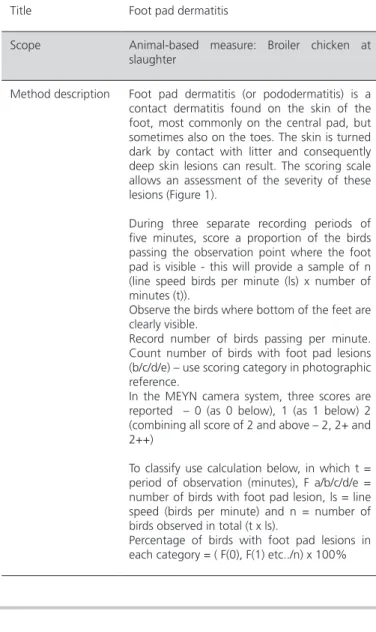 Table 1 – An example of a specific individual Welfare  Quality measure for poultry - pododermatitis