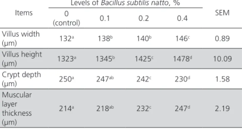Table 5 – Effect of Bacillus subtilis natto on duodenum  morphology of Muscovy ducks 1