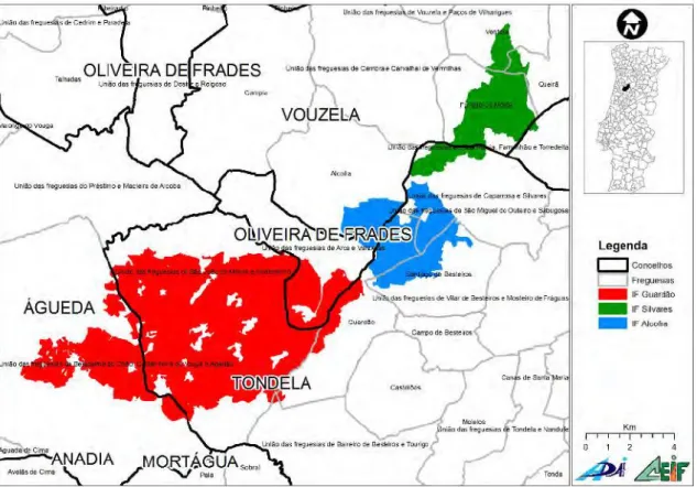 Figura 5: Distribuição da área ardida dos três grandes fogos florestais ocorridos na Serra do Caramulo em 2013  (Viegas et al