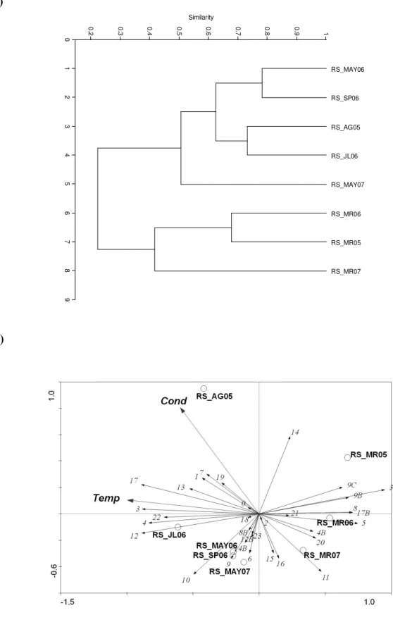 Fig.  3.  (a)  cluster  dendrogram  of  Sousa  River  samples  according  to  DGGE  band  patterns  and  (b)  RDA  ordination  triplot  of  Sousa  River  DGGE band patterns according to the environmental parameters recorded during the study period (2005-20
