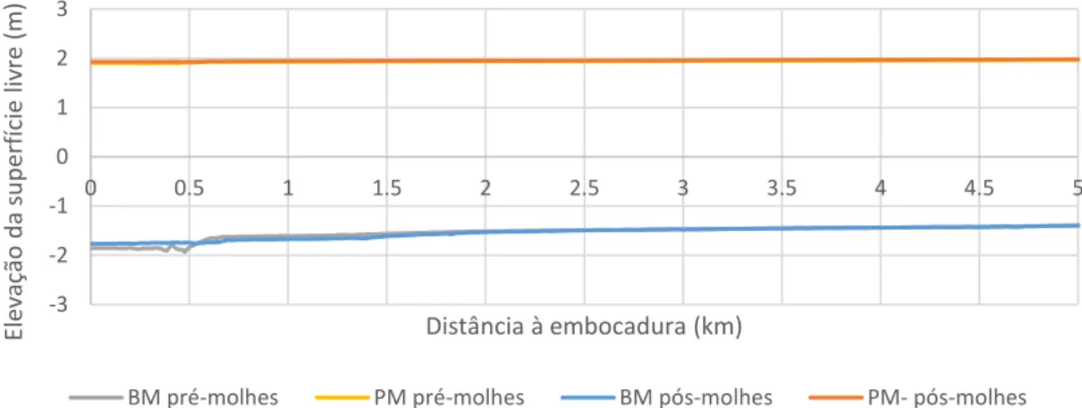 Fig. 6. Perfis longitudinais da elevação da superfície livre para um caudal de 1000 m 3 /s.
