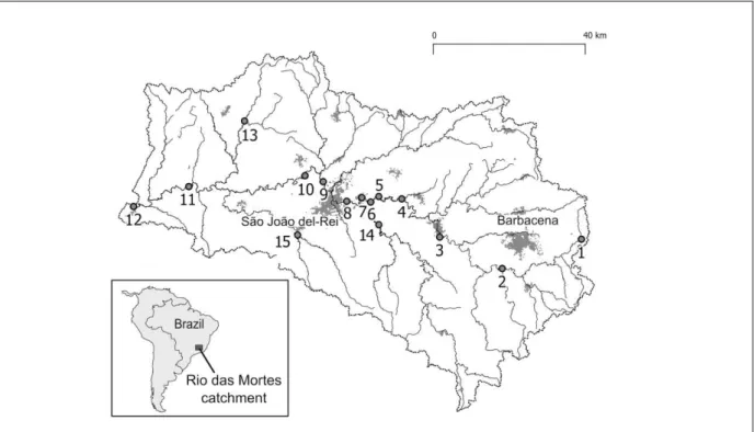 Figure 1: Study sites in the Rio das Mortes watershed. Sites 1 to 12 are situated along the main river; 
