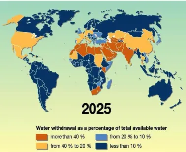 Figure  2.  Water  withdrawal  as  a  percentage  of  total  available water. Values of 20% above water availability  represent  water  stress  conditions;  of  40%  above  water  availability, water scarcity (UN World Water, 2012)