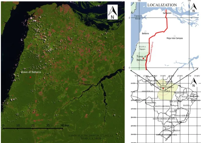 Figure 1. Soybean and rice croplands lie to the east of the site location. Image from Landsat 5, day  28/07/2009,  using  false  color  of  5,  4,  and  3  bands  (RGB)