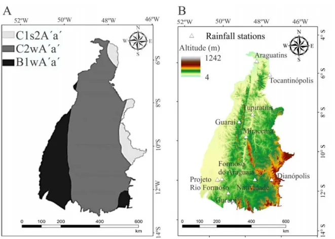 Figure 1. Thornthwaite and Matter climatic classification for the Tocantins State (Souza, 2016)  (A);  ASTER  digital  elevation  model  for  the  Tocantins  State  and  spatial  distribution  of  the  rainfall stations used in the present study (B)