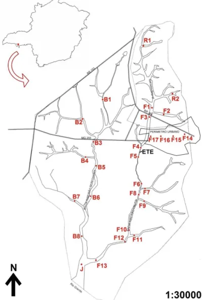 Figure  1.  Station  samplings  in  watersheds  of  Frutal  and  Bebedouro  Streams,  Frutal  municipality,  Minas  Gerais  State, Brazil