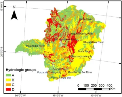 Figure 2 presents the proposed classification of the pedological units mapped in the Minas  Gerais State in hydrologic groups by the SCS-CN method