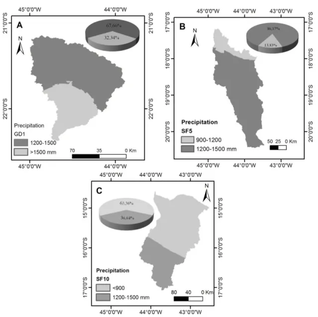 Figure  3.  Spatial  distribution  and  the  frequency  of  the  precipitation  classes  to  the  WRPMU’s GD1 (A), SF5 (B) e SF10 (C).