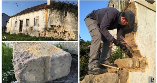 Figure 3. Adobe masonry dwelling from Leiria, Portugal (A); adobe samples being collected  from a wall of the dwelling in A (B); detail of the adobe indentation (C) 