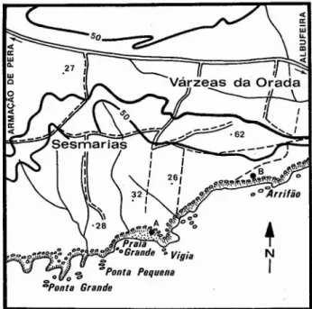Fig. l - Gisements de Praia Grande (A) et Arrifâo (B) (Adapté de la carte militaire au 25 oooème, feuille n.? 605, Albufeira).