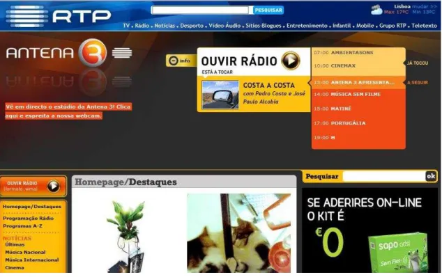 Figura 7. Imagem do site da Antena 3 (04 de Janeiro de 2009) 