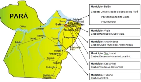 Figura  1  -  Mapa  do  Estado  do  Pará  com  os  municípios  e  clubes  esportivos  que  fazem  parte  da  amostra  da  pesquisa 