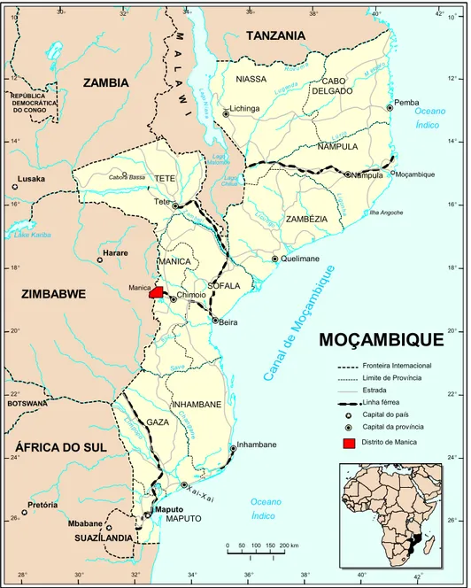 Figura 1.1 –  Mapa simplificado de Moçambique mostrando a divisão administrativa do país  (adaptado de United Nations, 1998) 