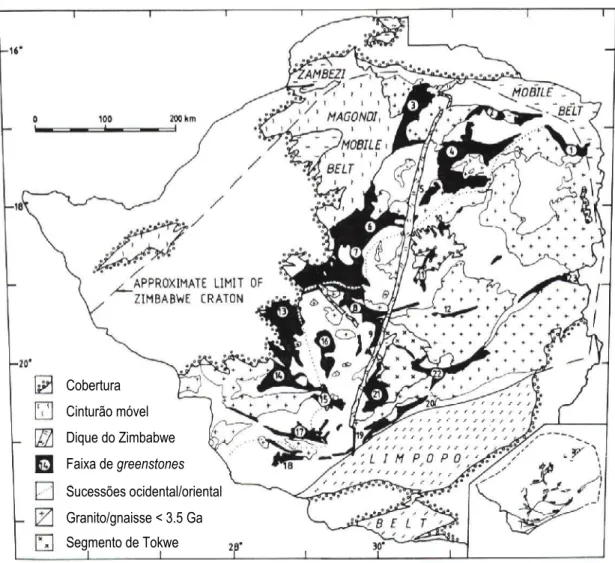 Figura 2.2-  Mapa simplificado do cratão do Zimbabwe mostrando a localização das principais  faixas de greenstones (adaptado de Blenkinsop et al., 1997)