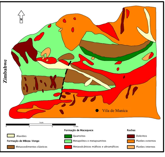 Figura 2.3 - Esquema geológico simplificado da região de Manica (adaptado de Afonso et  al., 1998) 