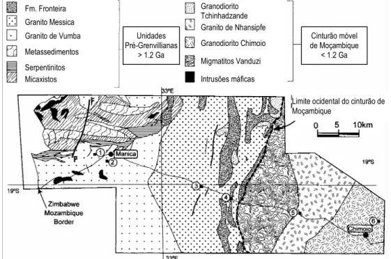 Figura 2.4-  Esquema geológico simplificado da região entre  Manica e Chimoio (adaptado  de Manhiça et al., 2001) 