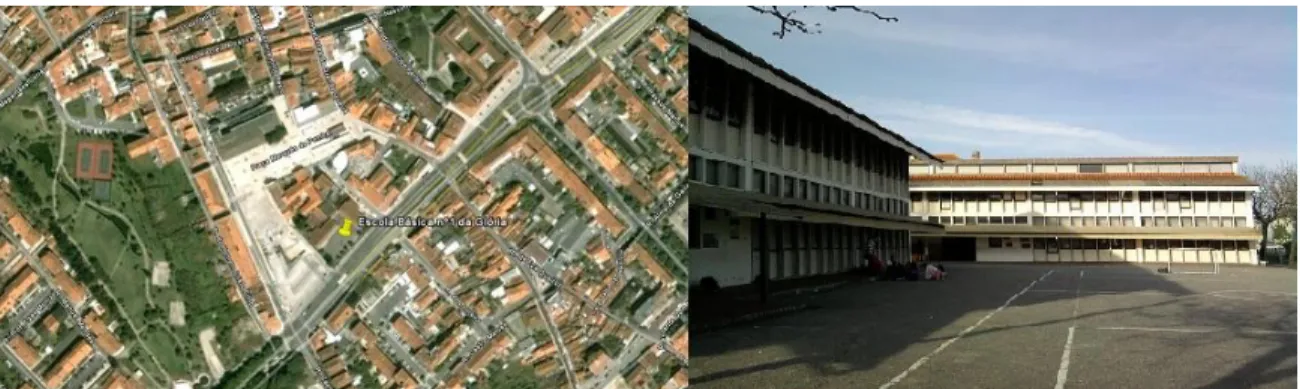 Figura 3 - Escola Básica nº1 da Glória. À esquerda encontra-se uma imagem retirada do Google Earth e à direita uma  foto tirada na altura da recolha de dados