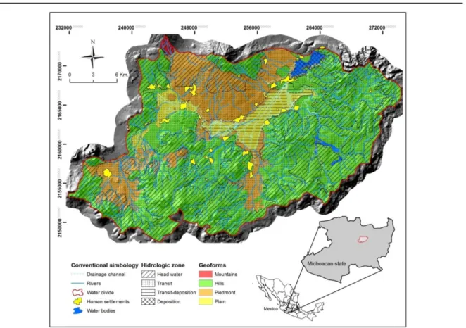 Figure  1.  Study  area.  Shadow  map  of  the  Cointzio  watershed  depicting  geoforms and hydrologic functional zones in the watershed
