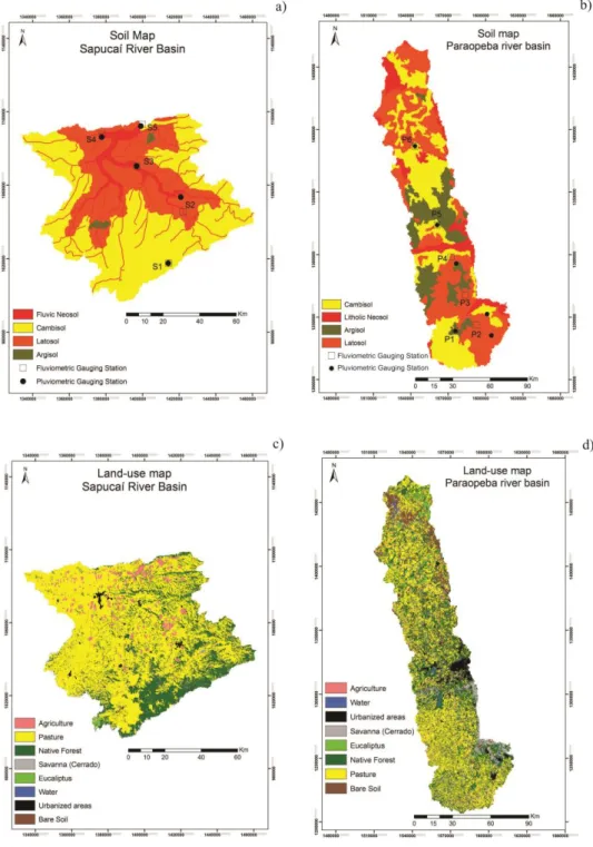 Figure  1.  Soil  maps  of  the  Sapucaí  basin  (a)  and  Paraopeba  basin  (b)  and  maps  of  current  land  use  of  the  Sapucaí  basin  (c)  and  Paraopeba  river 