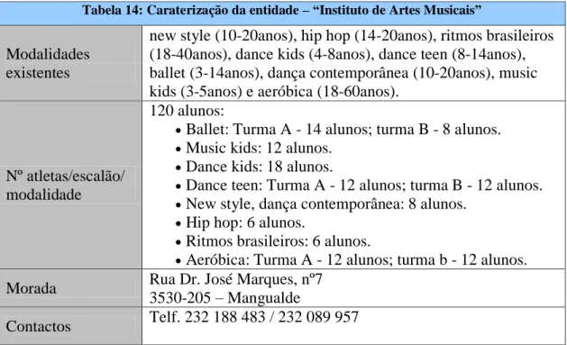 Tabela 14: Caraterização da entidade – “Instituto de Artes Musicais” 