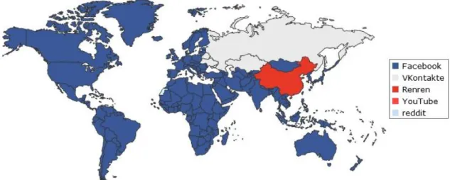 Figura 2 - Redes sociais mais utilizadas ao nível mundial no período de Maio de 2012 a Julho  de 2012 (Fonte: StatCounter) 