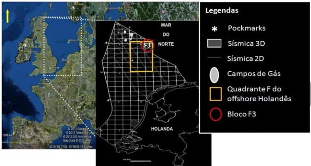 Figura 1 – Localização geográfica da área de estudo, no Offshore Holandês, onde se vêm  os  diferentes  Quadrantes  e  Blocos  licenciados,  assim  como  a  localização  de  algumas  linhas  sísmicas  2D  e  blocos  3D,  campos  de  gás  e  pockmarks  (mod